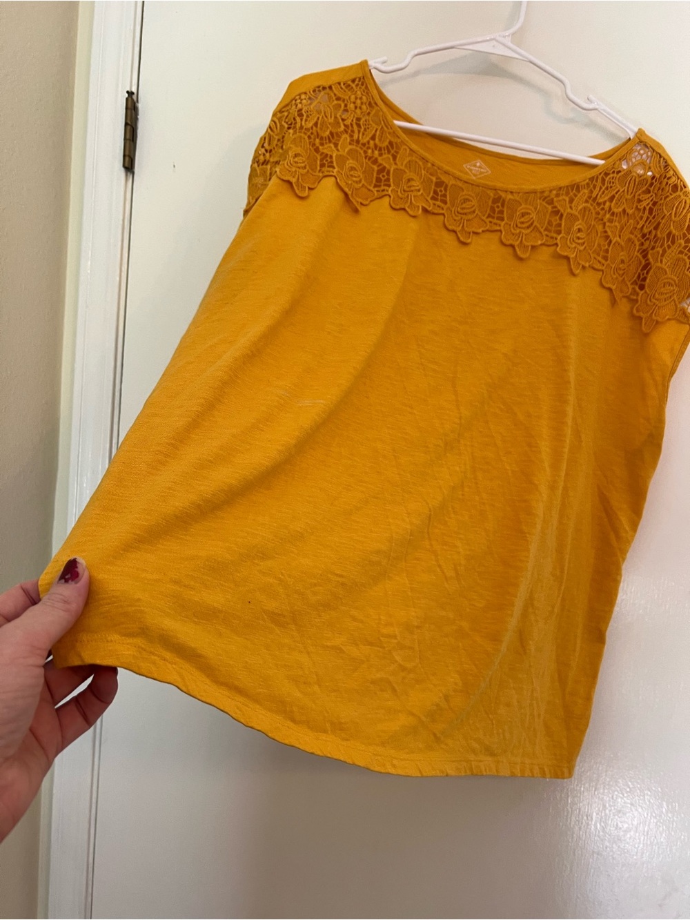 St. John's Bay Mustard Lace Yoke Short Sleeve Top